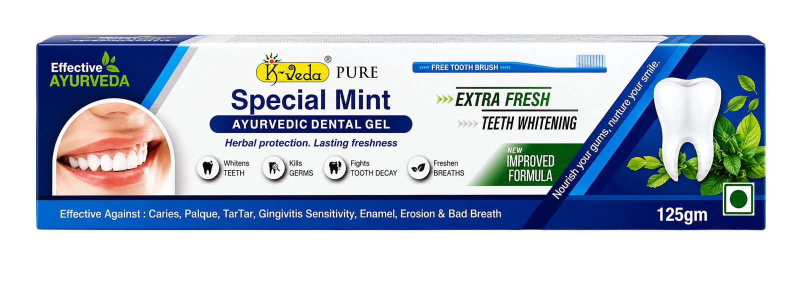 K-Veda Special Mint Ayurvedic Dental Gel Toothpaste for Extra Fresh Breath & Teeth Whitening | Herbal Oral Care 125gm